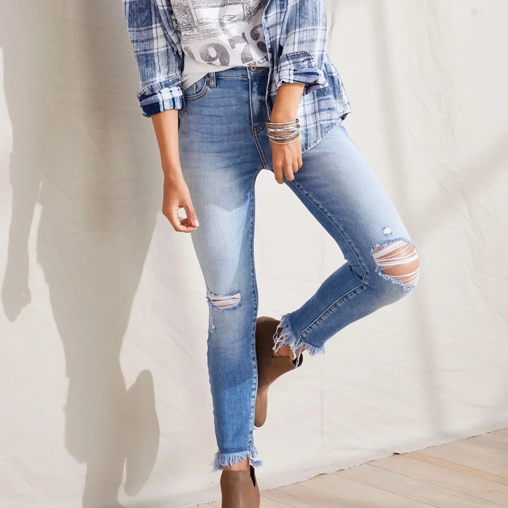 KanCan Light Wash Skinny Jeans High Rise Ripped Frayed Ankle Denim 27 Women’s